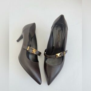 Louis Vuitton Dark Brown Leather logo buckle Mary Jane pointed toe pumps EU 39